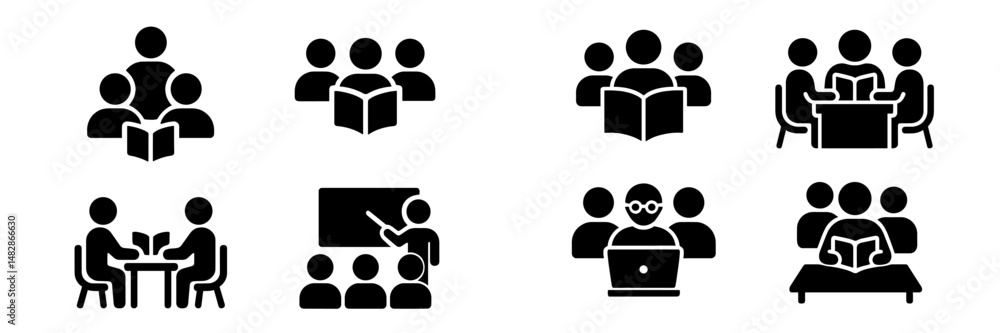 Aufkleber Educational icons depicting various learning activities and group interactions in a classroom setting