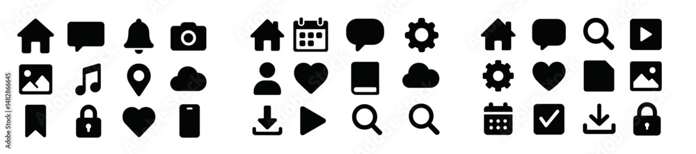 Poster collection of black icons representing various digital activities and functions for user interfaces