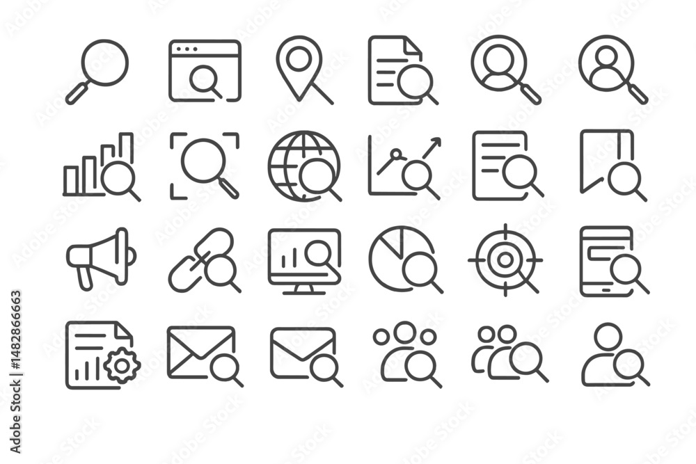 Poster various minimalist search icons representing tools for exploration and data analysis in a digital en