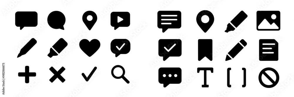 Poster collection of icons representing various online activities and communication tools for digital conte