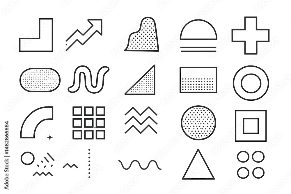 Poster vector illustration of various geometric shapes and patterns on a white background for design projec