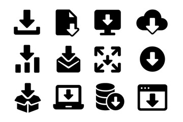 Download icons representing various digital activities and file management options in a simple black and white format
