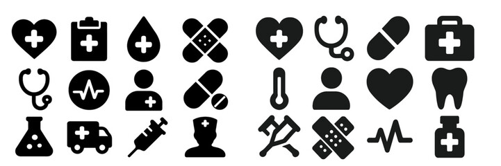 Health and medical symbols displayed in black silhouette on a white background showcasing various healthcare elements for learning