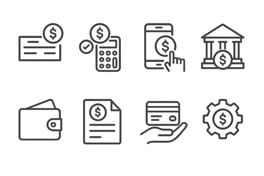 Collection of financial icons representing transactions, budgeting, and banking activities in a simple style