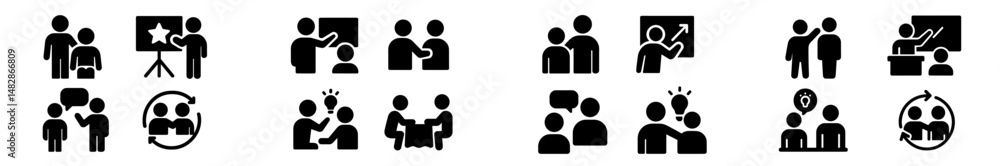 Aufkleber Various black and white icons representing teamwork, presentations, and collaboration concepts in a business environment