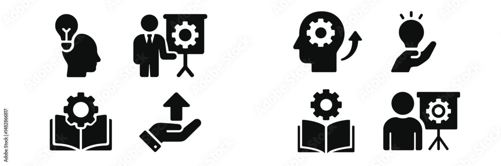 Poster creative brainstorming and teamwork concepts illustrated through black and white icons in a modern s