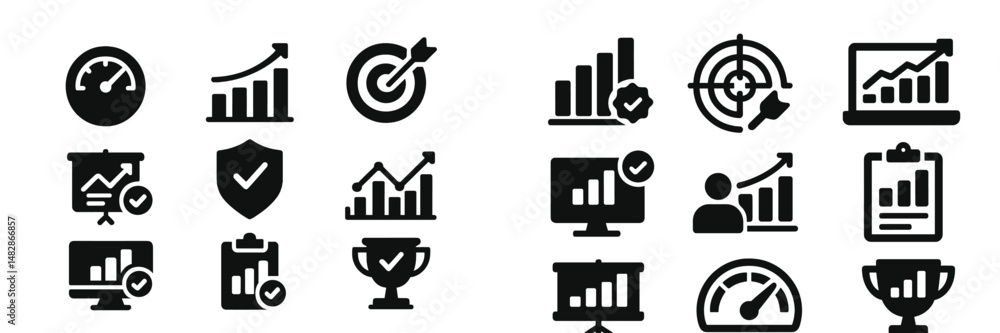 Poster collection of black and white icons representing business growth, analytics, and performance metrics