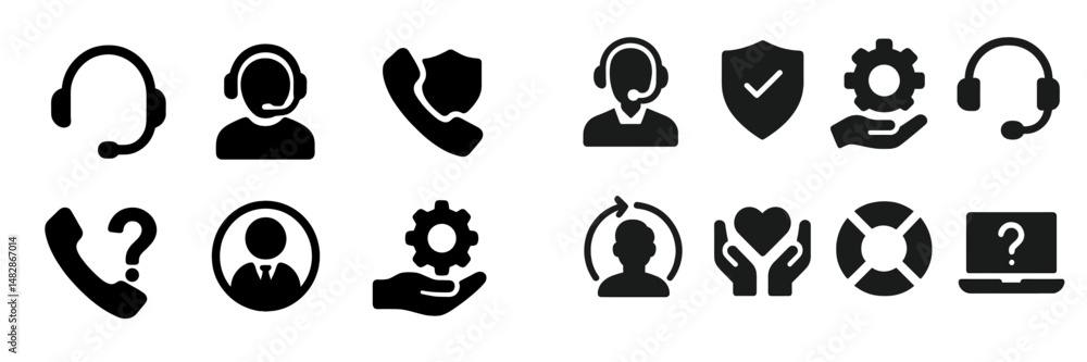 Poster collection of support service icons illustrating customer assistance options and communication metho