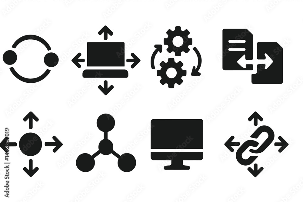 Poster various vector icons depicting concepts of interconnectivity and data exchange in a digital setting
