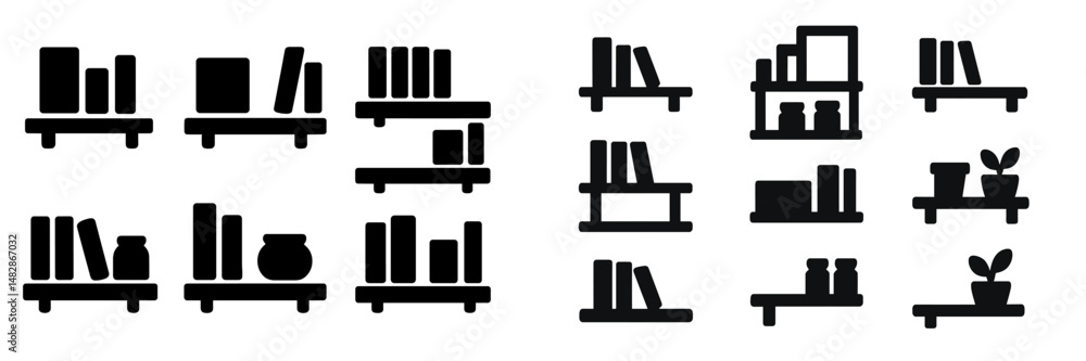 Poster Designs of minimalistic bookshelf icons featuring various arrangements and elements for modern decorating styles