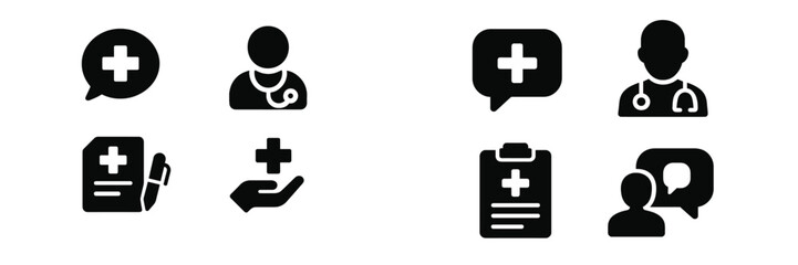 Obraz premium Health care icons depicting medical consultations, patient care, and health documents in a simple design