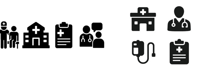 Obraz premium Icons representing healthcare professionals, hospitals, and medical records in a minimalistic design for educational and informational use