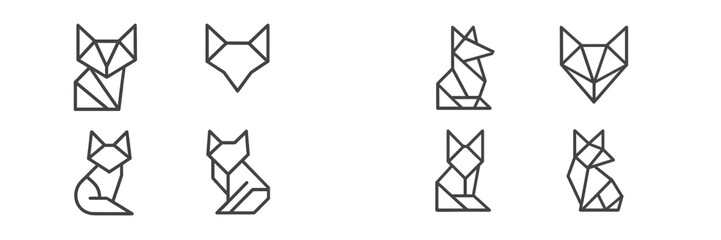 Various geometric designs of foxes in a minimalist art style created using line drawings on a simple background