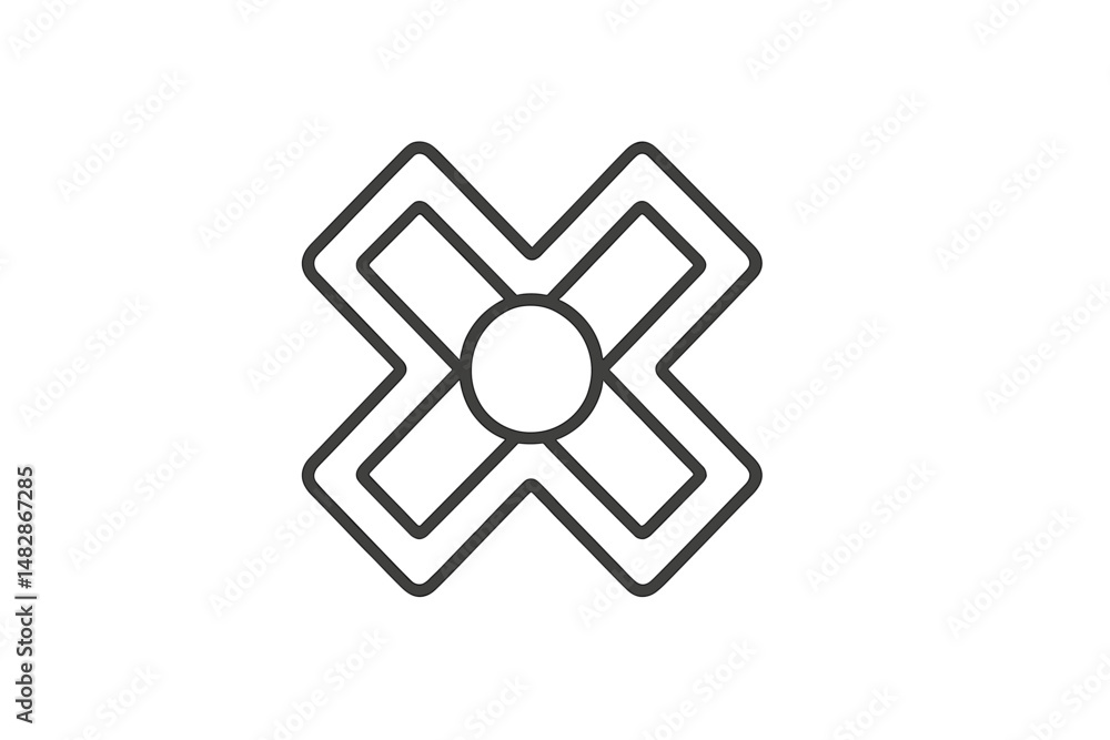 Poster symbol representing a cross mark with a central circle in minimalistic design, suitable for various 