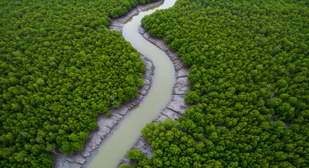 Aerial View of Green Mangrove Forest with Winding River Reflecting Sky Natural Environment on a Sunny Day