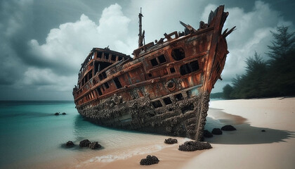 A mysterious, rusted shipwreck sits half-buried in the sand on a deserted tropical beach. The hull is weathered and covered in barnacles, telling a story of a forgotten past