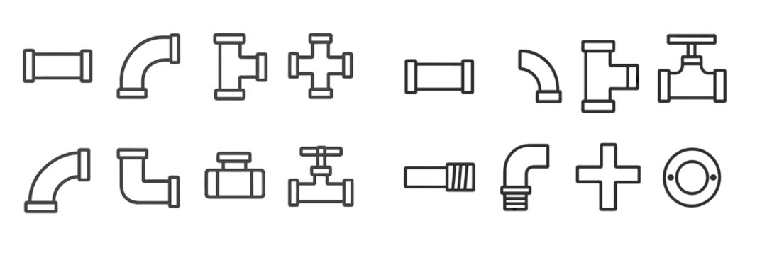 Collection of plumbing fittings and accessories displayed on a white background for construction and repair work