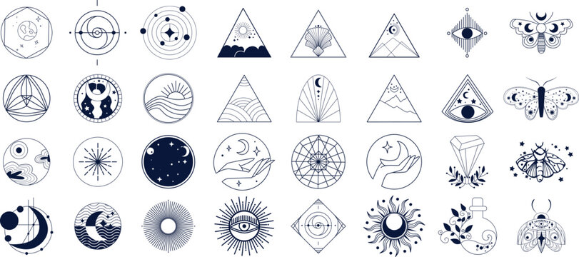 Set of mystical and celestial line art icons with moon, sun, stars, hands, geometric shapes, butterflies, and crystals. Minimalistic black and white spiritual symbols and cosmic designs.