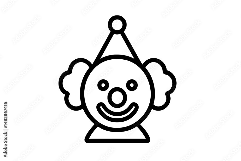 Poster simple line drawing of a cheerful clown wearing a party hat with a big smile, perfect for children's