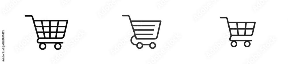 Poster three different representations of a shopping cart icon in a simple line drawing