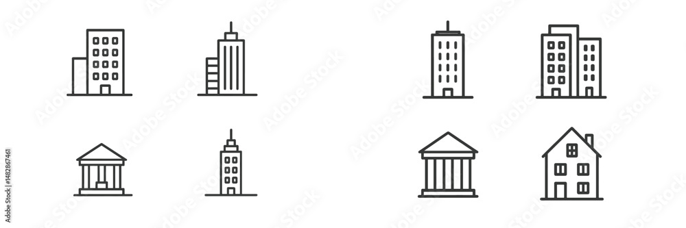 Aufkleber Various building icons representing urban architecture and structures in a clean, minimalistic design suitable for modern applications