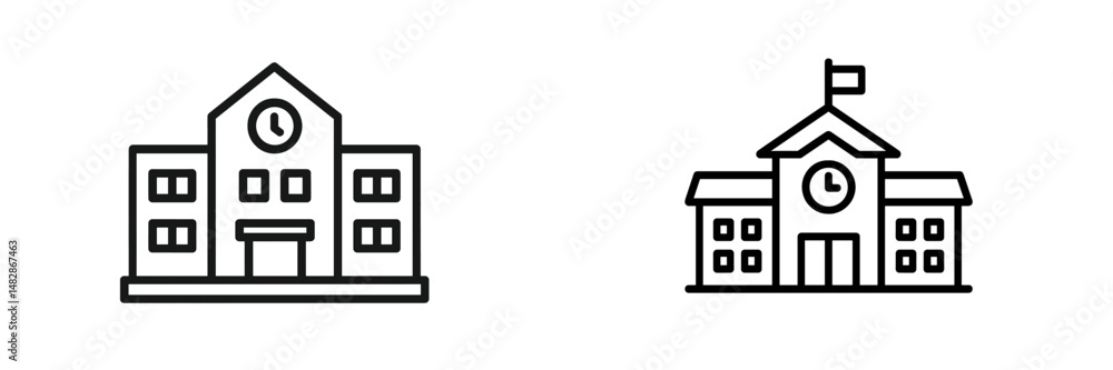 Poster Two distinct school building icons showcasing architectural features and clocks highlighting educational environments