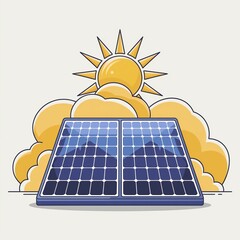 Solar panel is shown with a yellow sun and clouds in the background