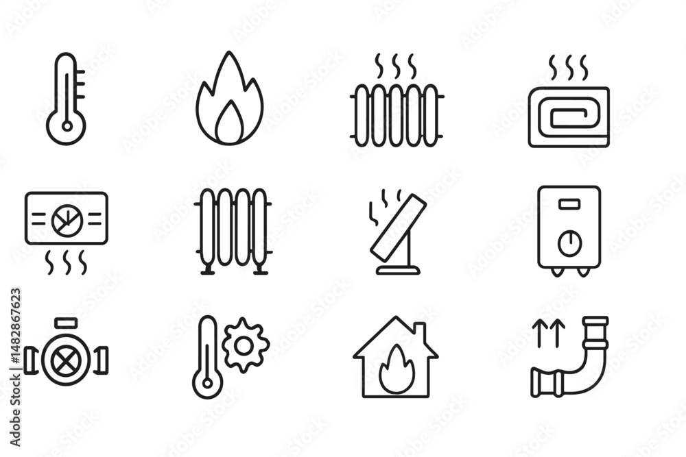 Poster heating and cooling icons representing temperature control and home comfort systems in a simple desi