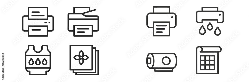 Poster various types of printers and printing methods displayed in a grid format for an office environment 
