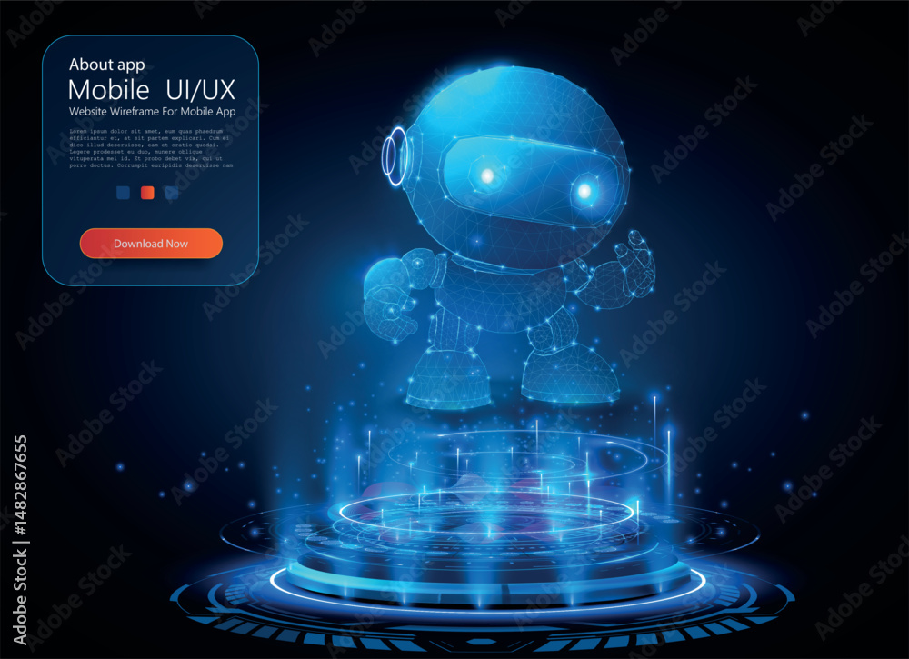 Fototapete a futuristic robot character with glowing features is centered in a digital space, surrounded by hol
