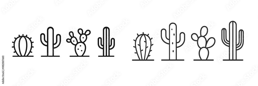 Poster various types of cacti displayed in a simple, artistic design on a white background