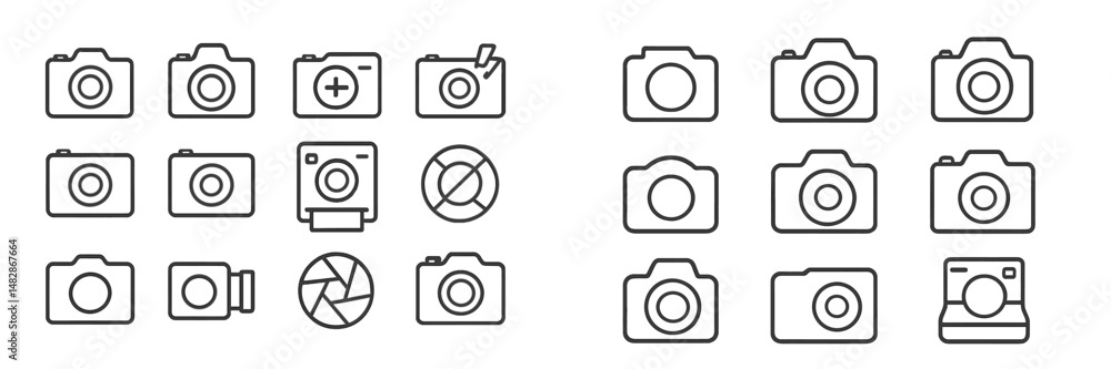 Poster Collection of camera icons showing different styles and features in a minimalist design for graphic projects or digital media