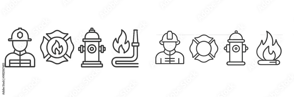 Poster graphic design featuring fireman icons and fire safety symbols in a modern and minimalistic style