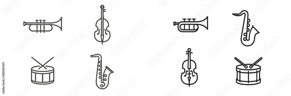 Aufkleber musical instruments displayed in a creative arrangement featuring brass, strings, and percussion ele