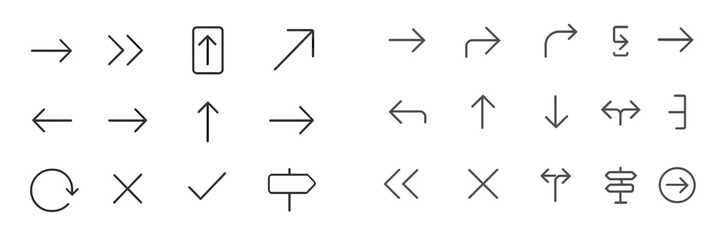 Collection of directional symbols and arrows for navigation and signage design in a minimalistic style