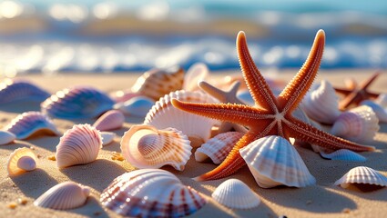 Seashells and Starfish on Sandy Beach: A collection of seashells and starfish bask in the sunlight on a sandy beach, creating a scene of serene coastal beauty.