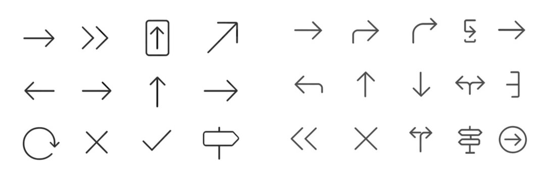 Collection of directional symbols and arrows for navigation and signage design in a minimalistic style