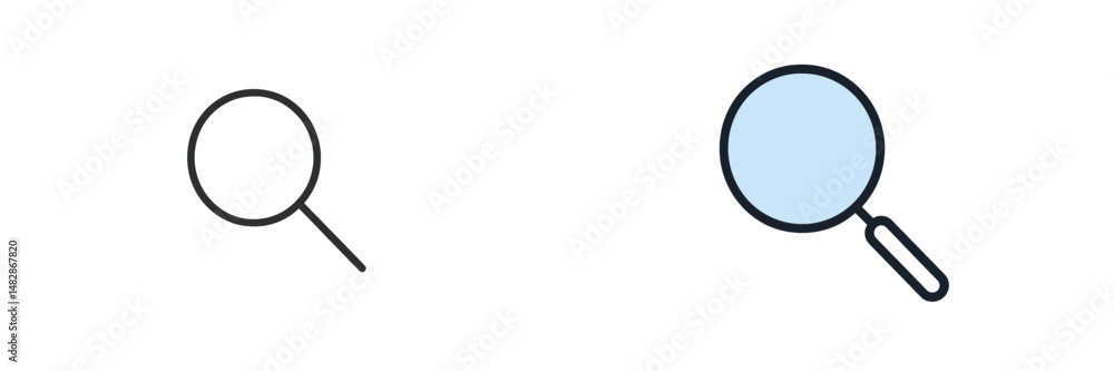 Poster Magnifying glass symbols displayed in simple outline and filled design, showcasing variations in illustration style for educational or design purposes