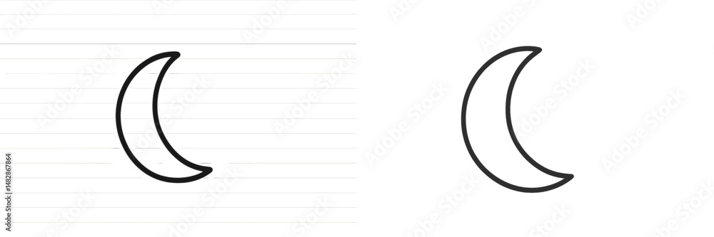 Poster crescent moon drawing on lined paper beside a minimalist outline moon design