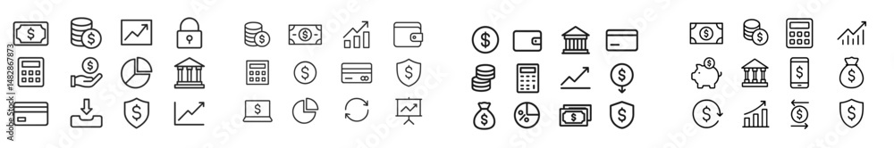 Poster collection of financial and banking icons representing various concepts and activities in the financ