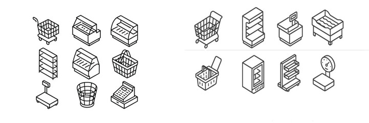 Illustrations of various shopping carts, baskets, and store display elements for retail environments