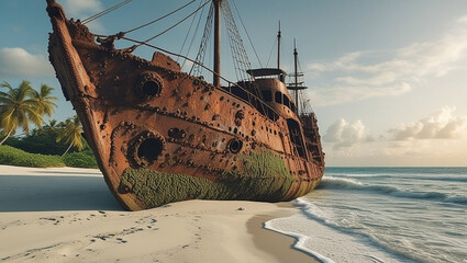 A mysterious, rusted shipwreck sits half-buried in the sand on a deserted tropical beach. The hull is weathered and covered in barnacles, telling a story of a forgotten past