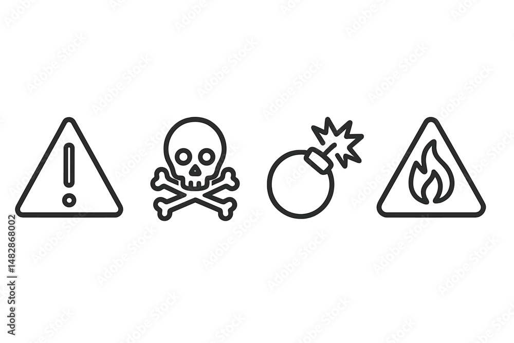 Poster Warning symbols indicating hazards and dangers in various scenarios and environments