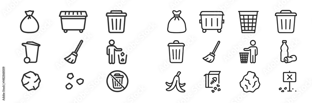 Poster collection of icons representing waste management activities and recycling processes demonstrated in