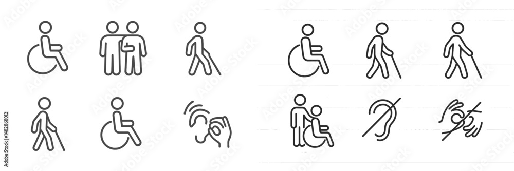 Poster various accessibility symbols illustrating support for people with disabilities during daily activit