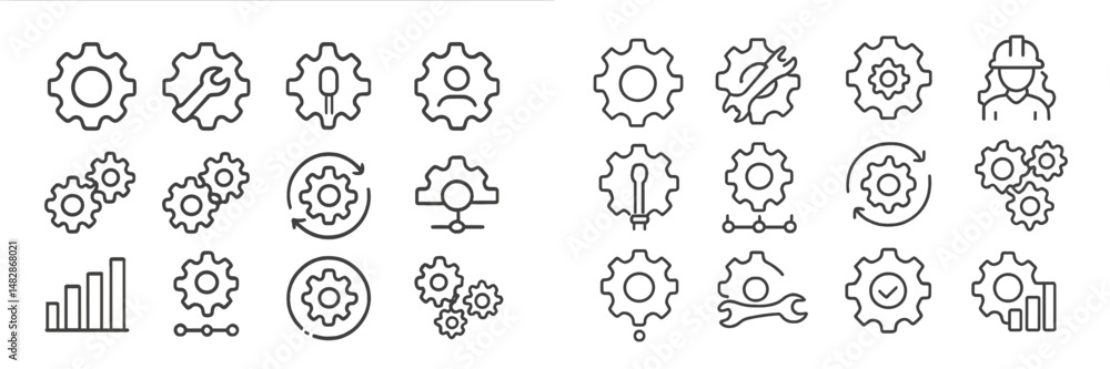Poster collection of gear icons representing various tools and functions in a design or development context