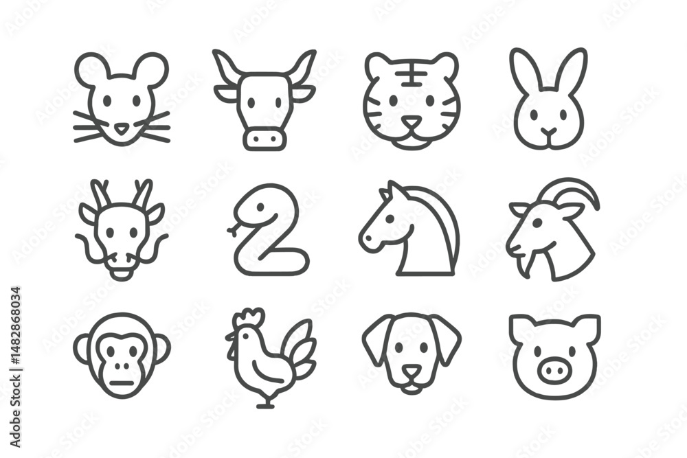 Poster outline illustrations of different animals representing farm and wild life in a minimalist style