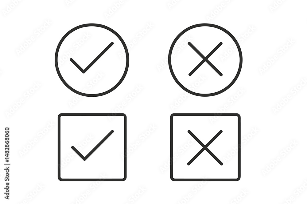 Fototapete Symbols indicating selection with check marks and crosses on a minimalist background, emphasizing choices in design