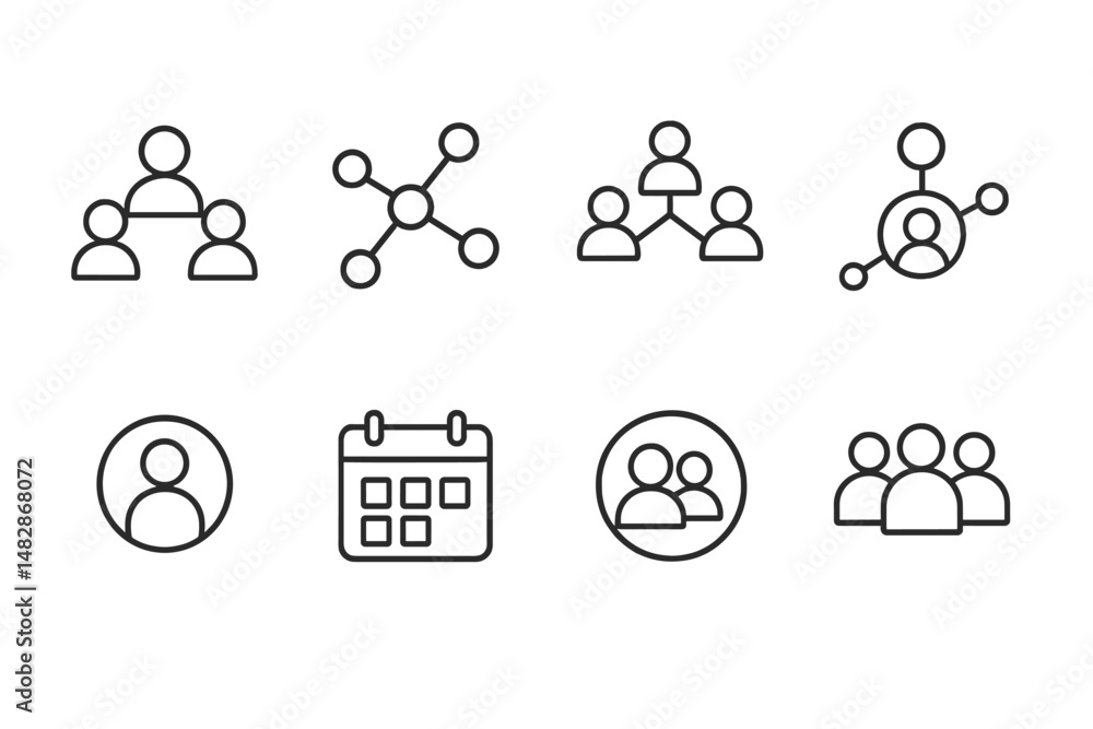 Poster icons representing social network, community engagement and organizational structure in simple line 