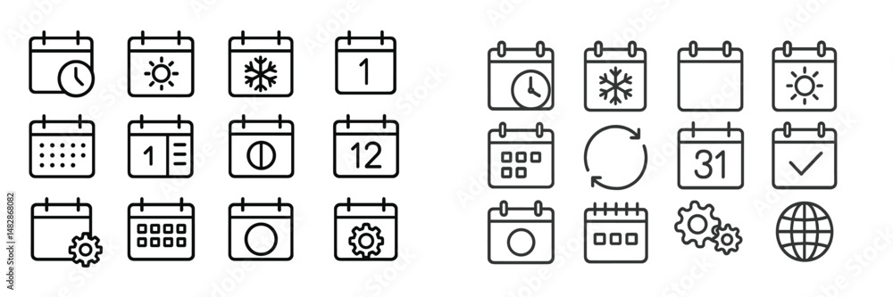 Poster calendar icons representing various seasons, dates, and functions for scheduling and planning tasks